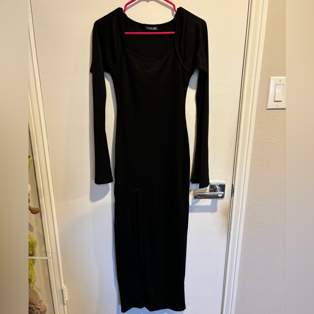Slim Black Slit Casual Long Dress